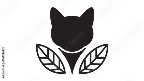 Black cat head icon with leaves for eco friendly brand and animal lover symbol, minimalist vector