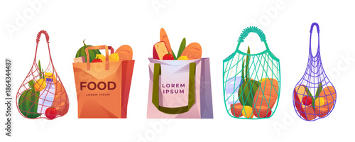 Net, paper and cotton shopping bags with grocery