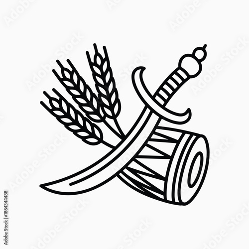 Traditional Sickle and Drum Line Art Vector Illustration Harvest Agriculture and Cultural Symbol