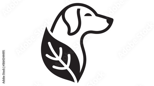 Dog head icon with leaf, animal symbol for eco friendly and pet related designs, minimalist vector