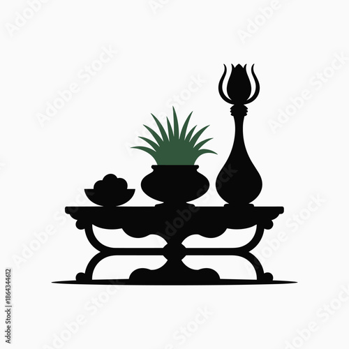 Traditional Altar Table Silhouette Vector Illustration with Candle Plants and Cultural Decor