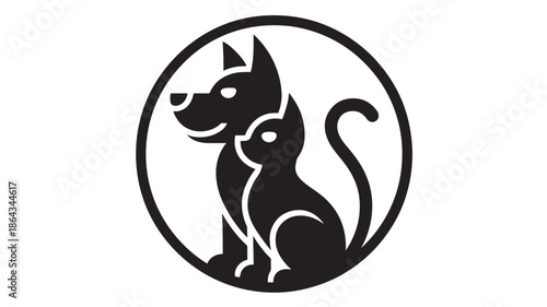 Black dog and cat icon, pets sitting together in circle, minimalist vector symbol