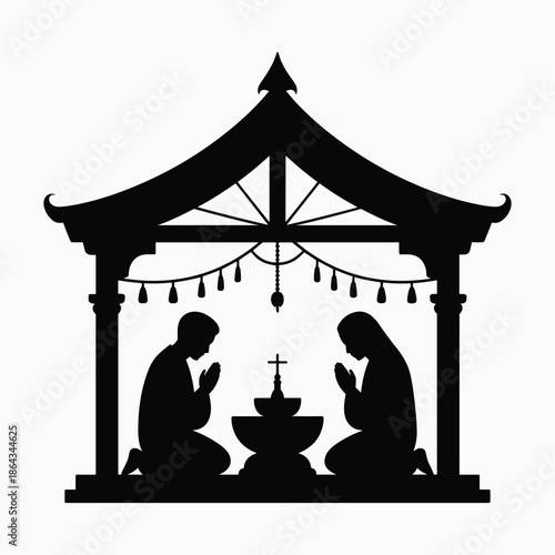 Traditional Tea Ceremony Silhouette Vector Illustration with Two People in Pavilion Cultural Ritual Symbol