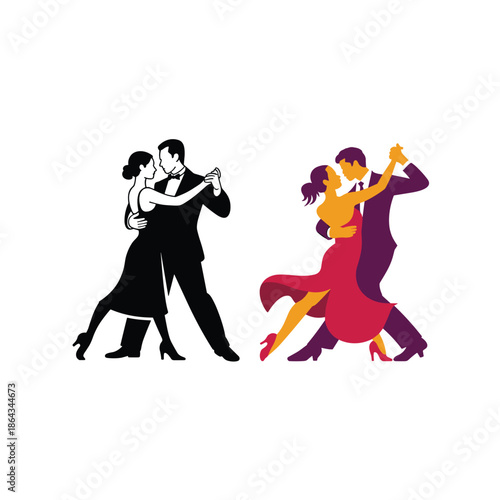 Tango Dance Couple Vector Illustration Silhouette and Colorful Passionate Ballroom Performance
