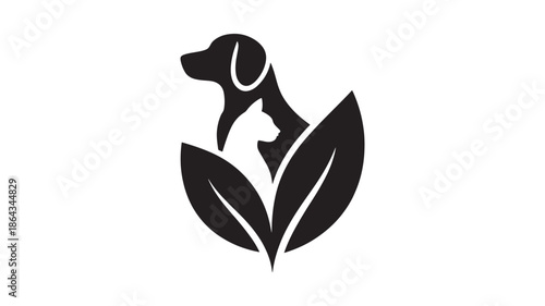 Black dog and cat icon with leaves for pet or animal logo design