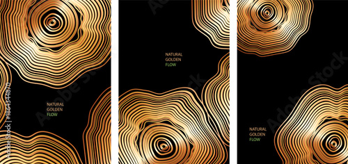 Elegant wood texture with golden rings and organic patterns. Luxury tree bark background perfect for sophisticated design projects and premium invitations.