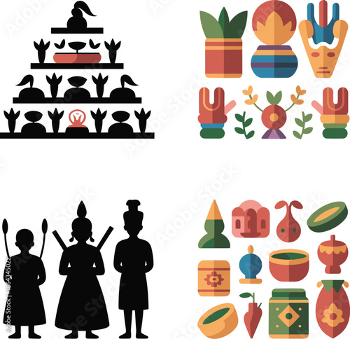 African Culture Icon Set Vector Illustration with Traditional Masks People Ritual Objects and Ethnic Symbols