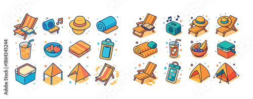 Colorful summer beach essentials: chairs, drinks, tents, and accessories