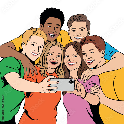 Diverse group of happy young friends smiling widely while taking a group selfie together with.