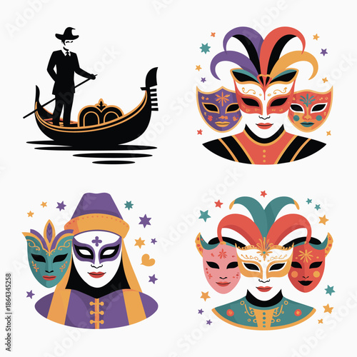 Venetian Carnival Mask and Gondolier Icon Set Vector Illustration with Traditional Festival Celebration