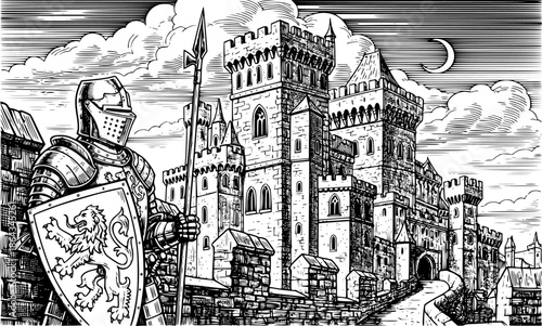 Medieval sentinel etching illustration of a knight guarding cast
