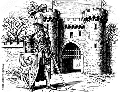 Medieval sentinel etching illustration of a knight guarding cast
