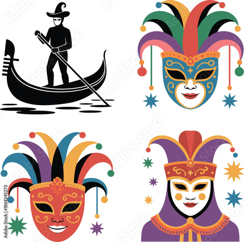 Venetian Carnival Mask Set Vector Illustration with Gondolier and Colorful Festival Masks