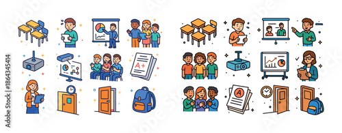 School elements: students, teachers, classroom tools, charts, backpacks, desks