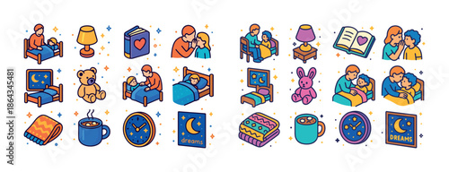Bedtime routine illustrations featuring families and sleepy elements