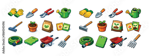 Colorful garden tools and accessories collection for planting and maintenance