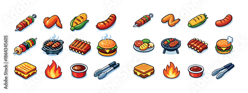 Assorted grilled foods and bbq icons with burgers, sausages, corn, and tools