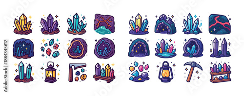 Colorful crystals and mining tools collection on white background