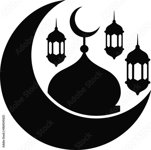 Islamic Ramadan Moon and Mosque Silhouette Vector Illustration with Hanging Lanterns