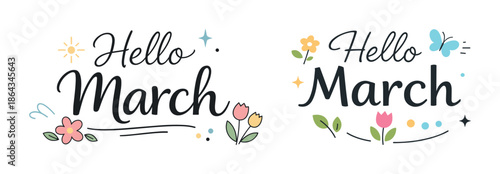 Hello march floral designs with flowers, leaves, and butterflies