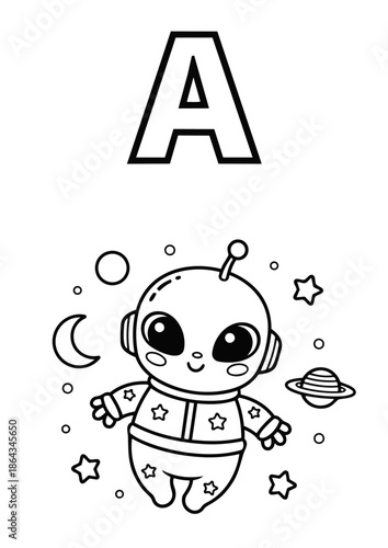 A Coloring Book Page for Kids with Cute Astronaut. Vector Outline Illustration.