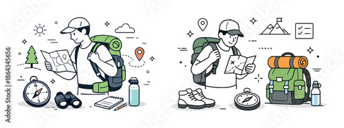 Young caucasian male hiker reading map outdoors with gear and backpack