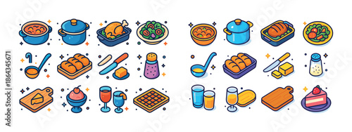 Colorful kitchen utensils and food dishes collection