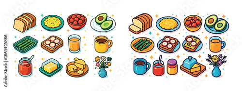 Colorful breakfast spread: avocado, eggs, toast, asparagus, coffee, fruit