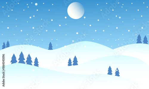 Winter landscape highlands with the moon and snowing, pine tree