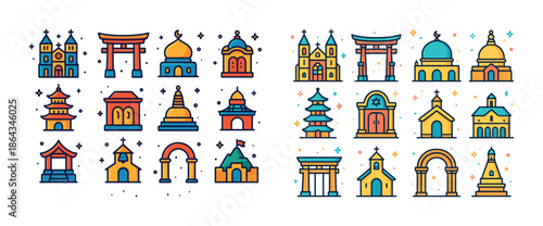 Colorful icon set of global architectural landmarks and religious structures