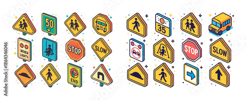 Colorful collection of road signs illustrations featuring various traffic symbols and icons