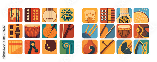 Colorful assortment of traditional and modern musical instruments