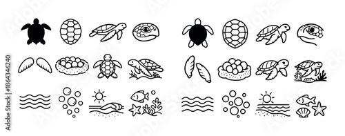 Sea turtle and marine life icons: shells, nests, fish, and waves