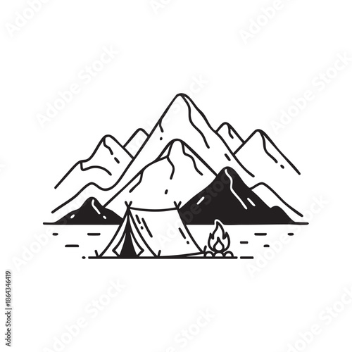 Campground scene with tent mountains and campfire in a natural landscape
