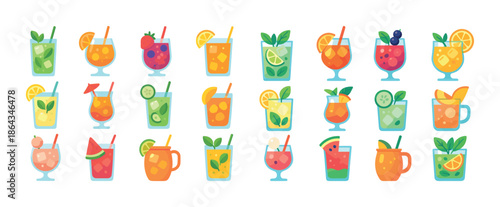 Colorful assortment of refreshing fruit cocktails with garnishes and straws