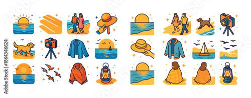 Sunset beach activities with couples, dogs, and scenic items