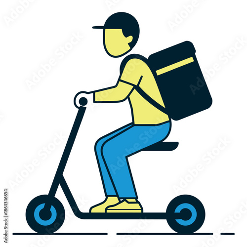 Delivery person rides an electric scooter carrying a large backpack.
