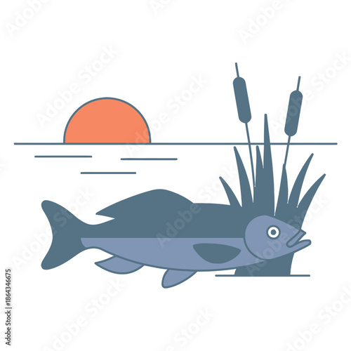 Fish swims near reeds during a stylized orange sunset over water.