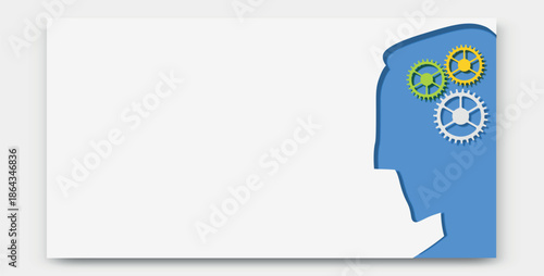 Mental health banner with human head and gears symbolizing thinking process, cognition, problem solving and psychology. Clean design with copy space for presentations, therapy, courses.