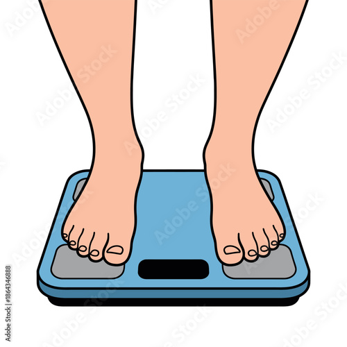 Feet stand on a blue bathroom scale measuring body weight in a simple graphic design.