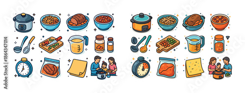 Family cooking activity with illustrated kitchen items and ingredients
