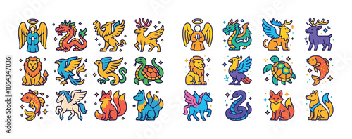 Colorful cartoon mythical creatures collection with animals and fantasy characters