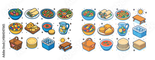 Colorful picnic food items and accessories including salad, wraps, juice, and picnic table