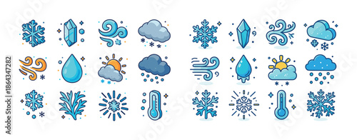 Winter weather icons collection: snowflakes, clouds, wind, and temperature symbols