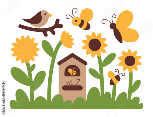 A small brown bird sits on a branch surrounded by sunflowers, bees, and a birdhouse.