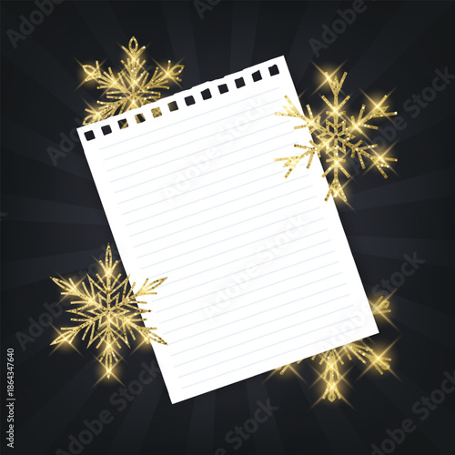 A New Year's or Christmas card decorated with golden snowflakes with shiny glitter. Vector illustration. Elegant holiday design for invitations, greeting cards, seasonal sales, and social media banner