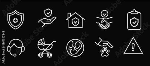 Health Protection Icons Set with Shield, Hand, House and Heart, Clipboard, Headphones, Stroller, No Smoking, Handshake, Warning Sign