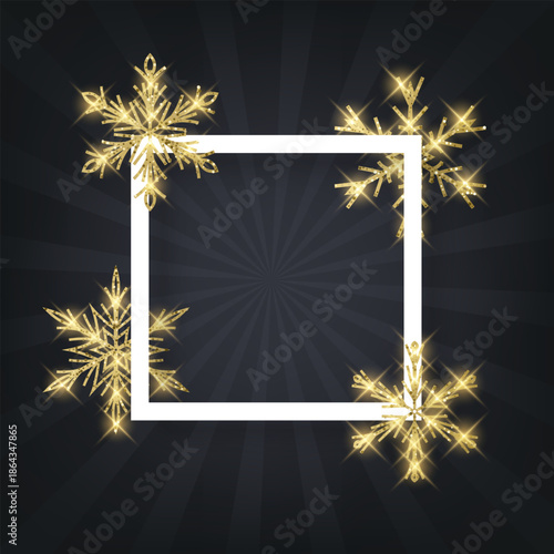 A New Year's or Christmas card decorated with golden snowflakes with shiny glitter. Vector illustration. Elegant holiday design for invitations, greeting cards, seasonal sales, and social media banner