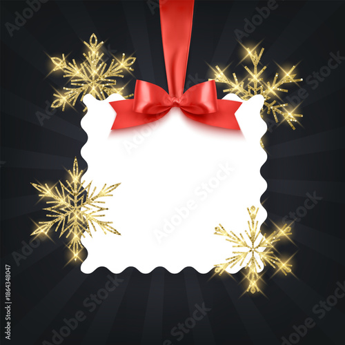A New Year's or Christmas card decorated with golden snowflakes with shiny glitter. Vector illustration. Elegant holiday design for invitations, greeting cards, seasonal sales, and social media banner
