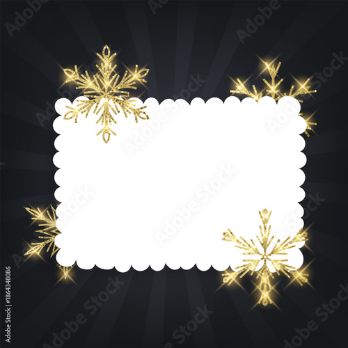 A New Year's or Christmas card decorated with golden snowflakes with shiny glitter. Vector illustration. Elegant holiday design for invitations, greeting cards, seasonal sales, and social media banner